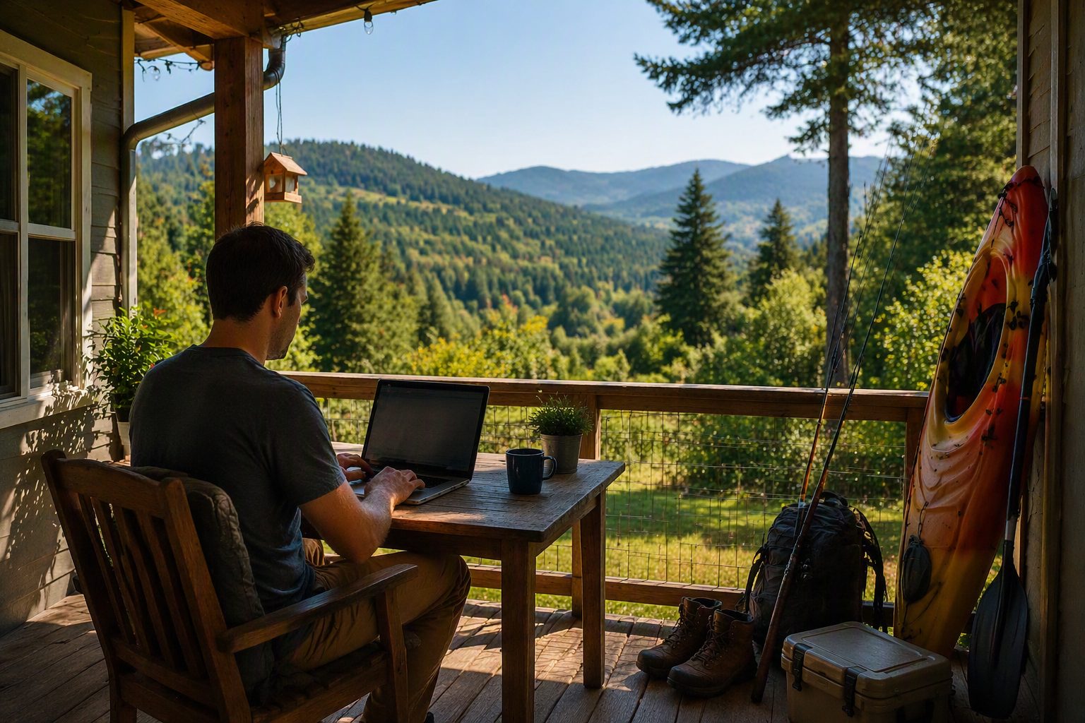 A man working on a laptop from his porch with foothills in the distance and a kayak nearby