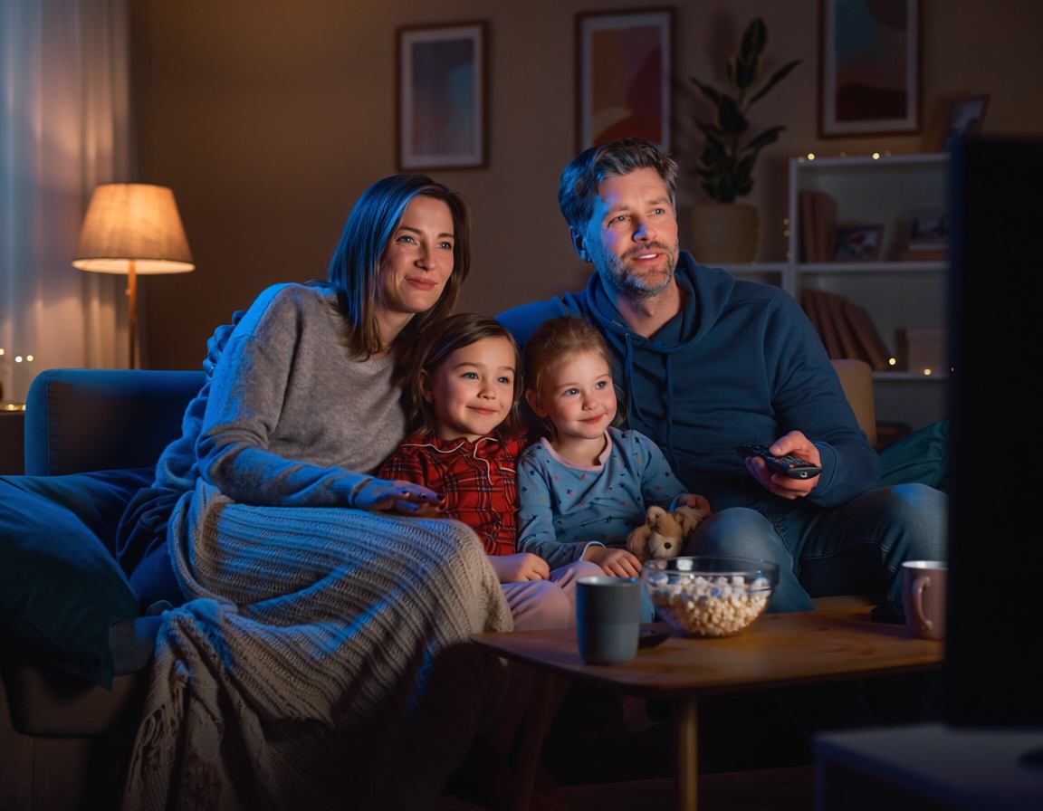 A family of four cozied up on the couch with popcorn for movie night