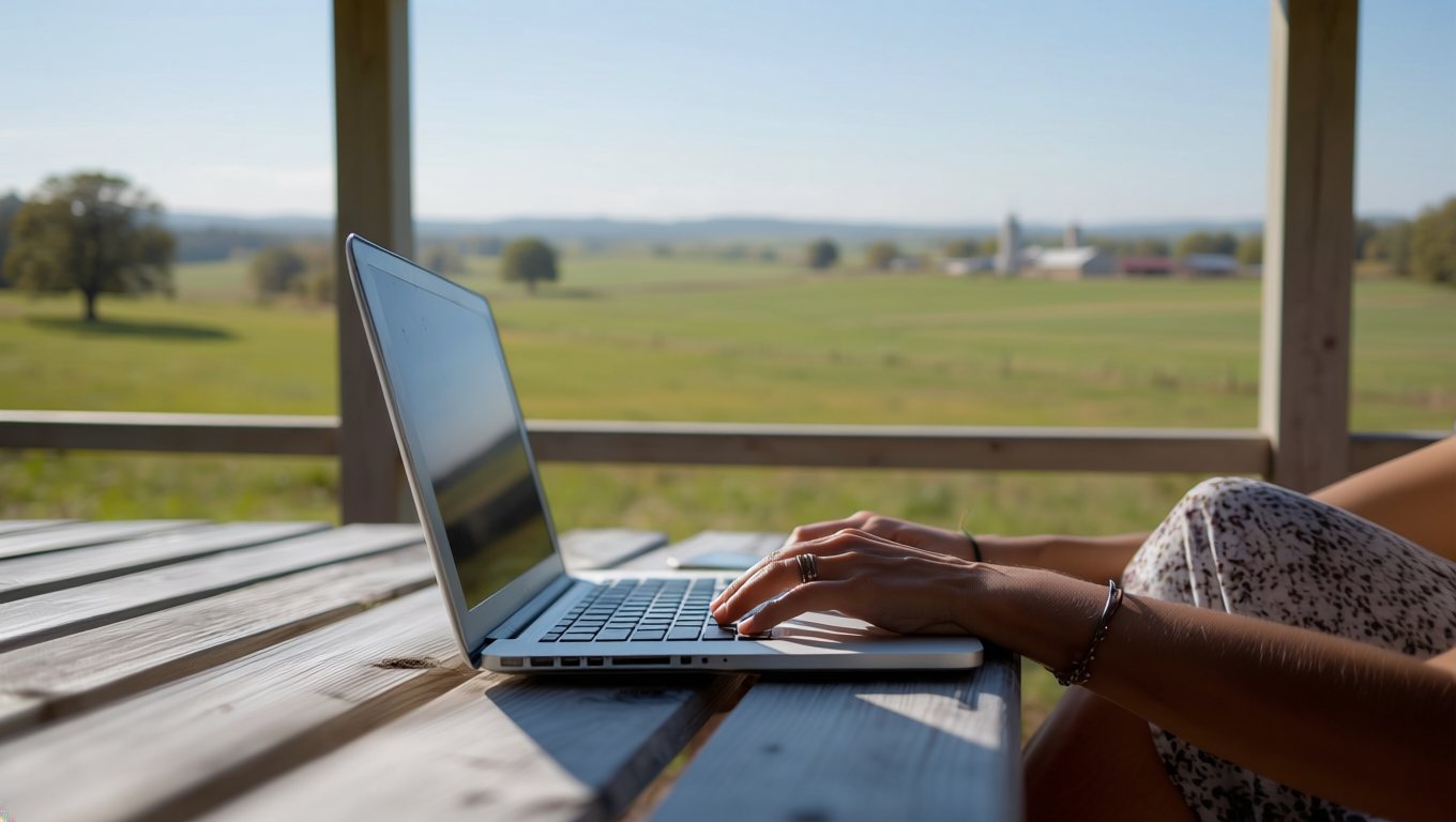 A woman working on a laptop from a covered porch, with open farmland and a barn stretching out under a clear Willamette Valley sky