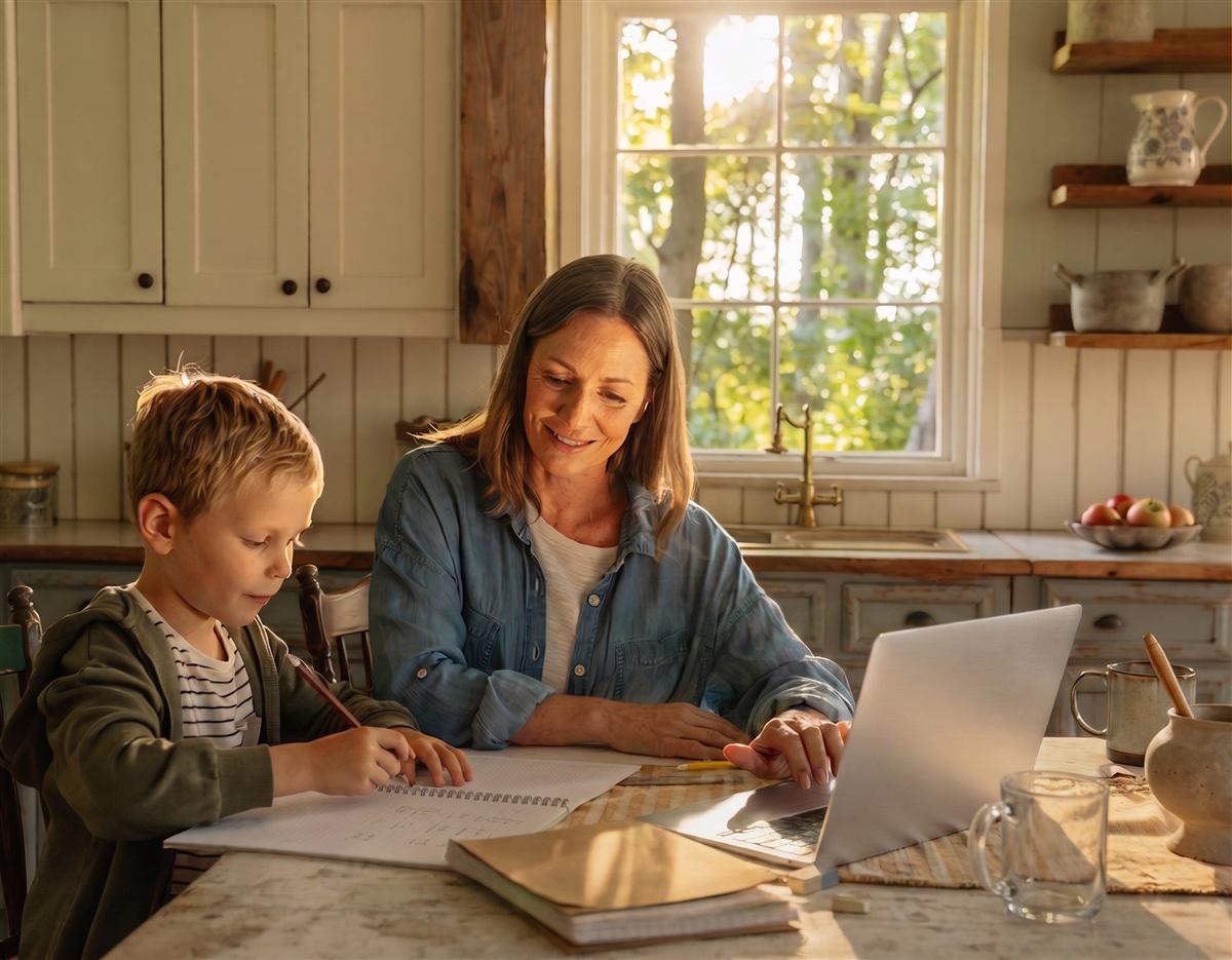 A mother helping her son with homework at the kitchen table, laptop open beside them
