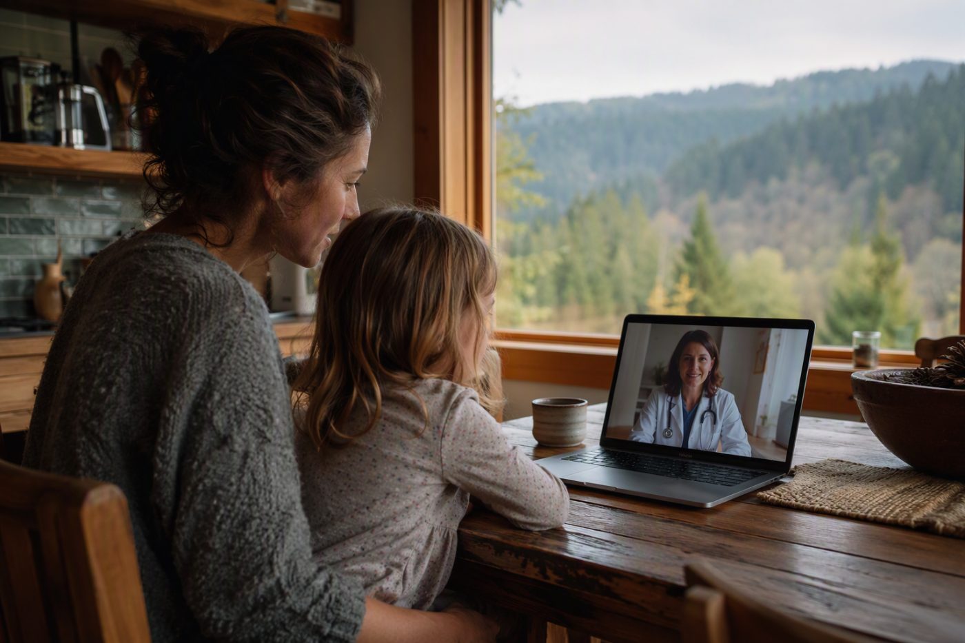 A parent and child at their kitchen table on a telehealth video call with a doctor, forested foothills visible through the window