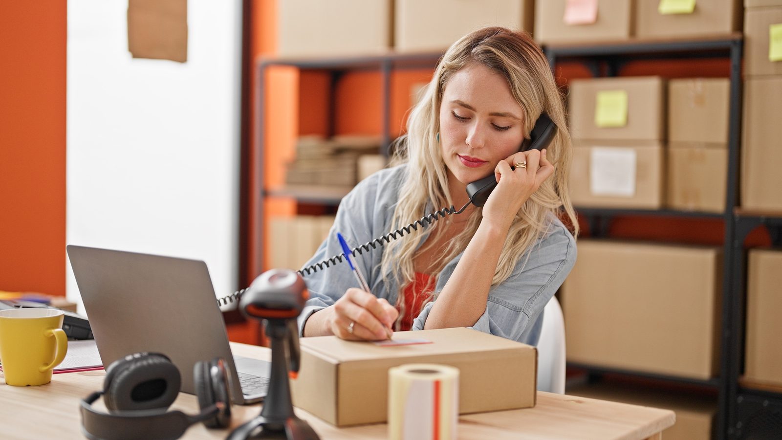 A small business owner on her desk phone, writing on a package ready to ship