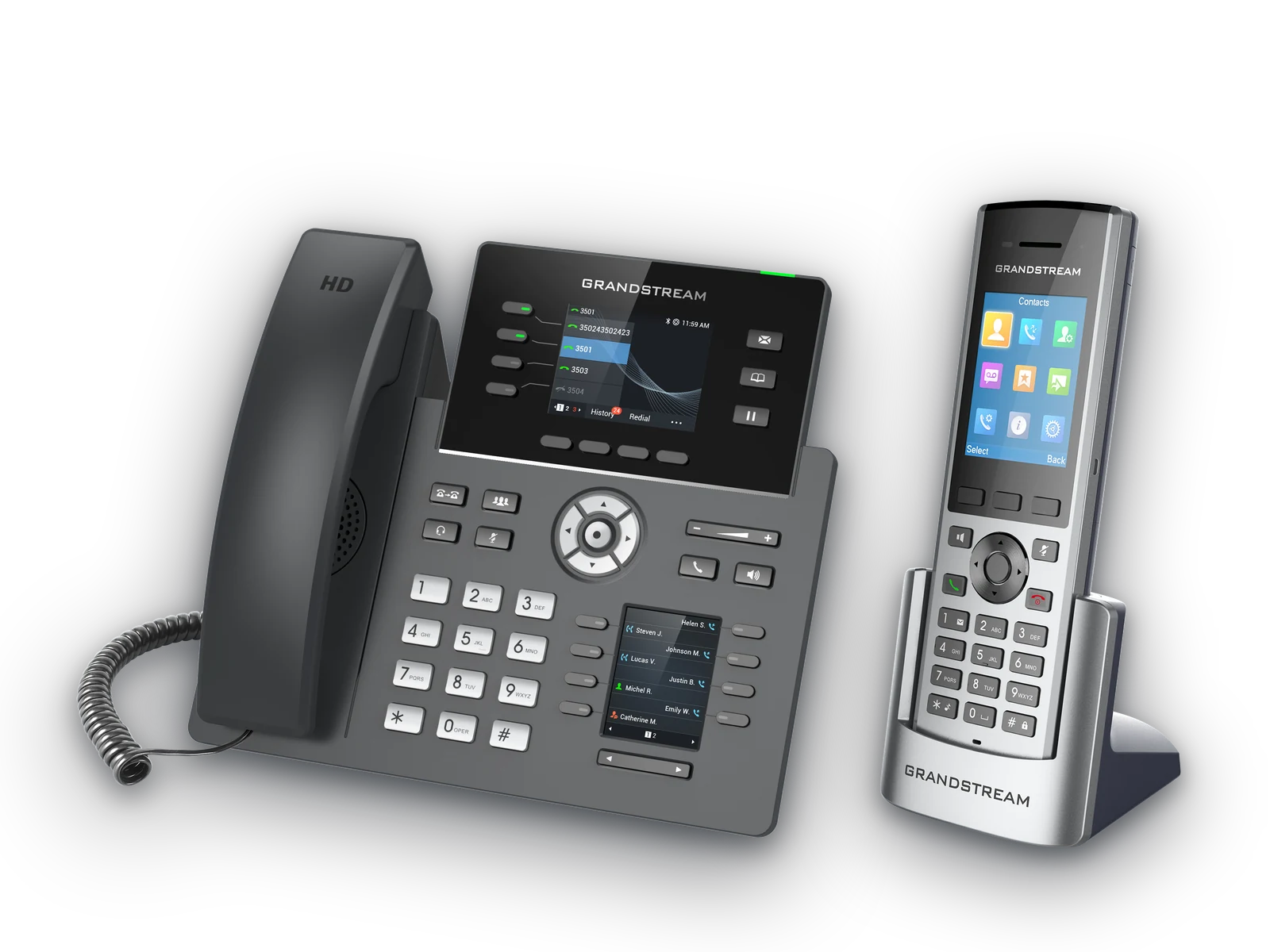 A desk phone and a cordless handset from Alyrica Voice